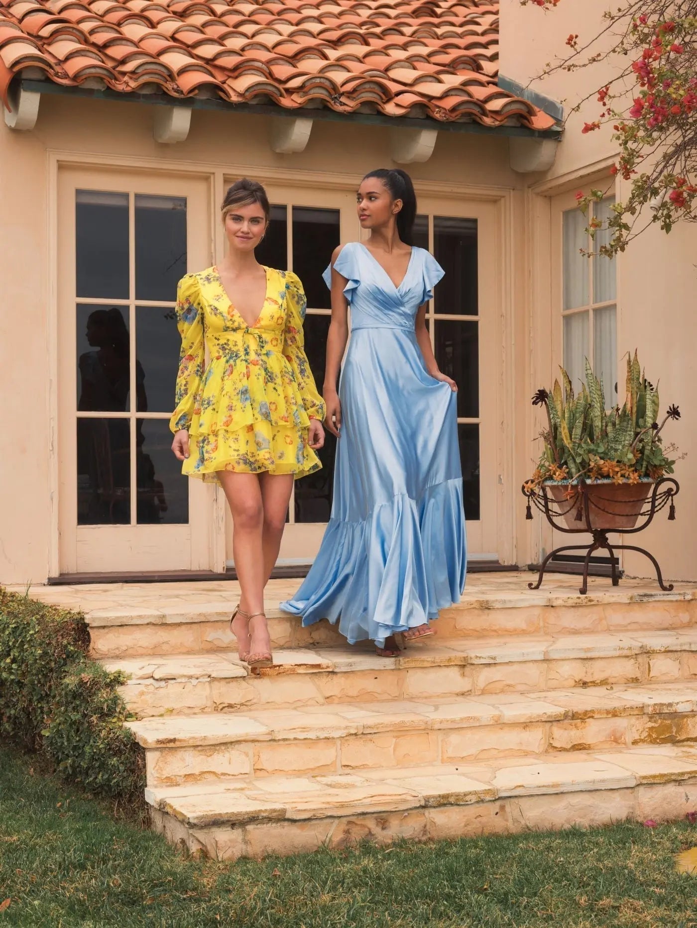 Blue Flounce Sleeve Satin Gown