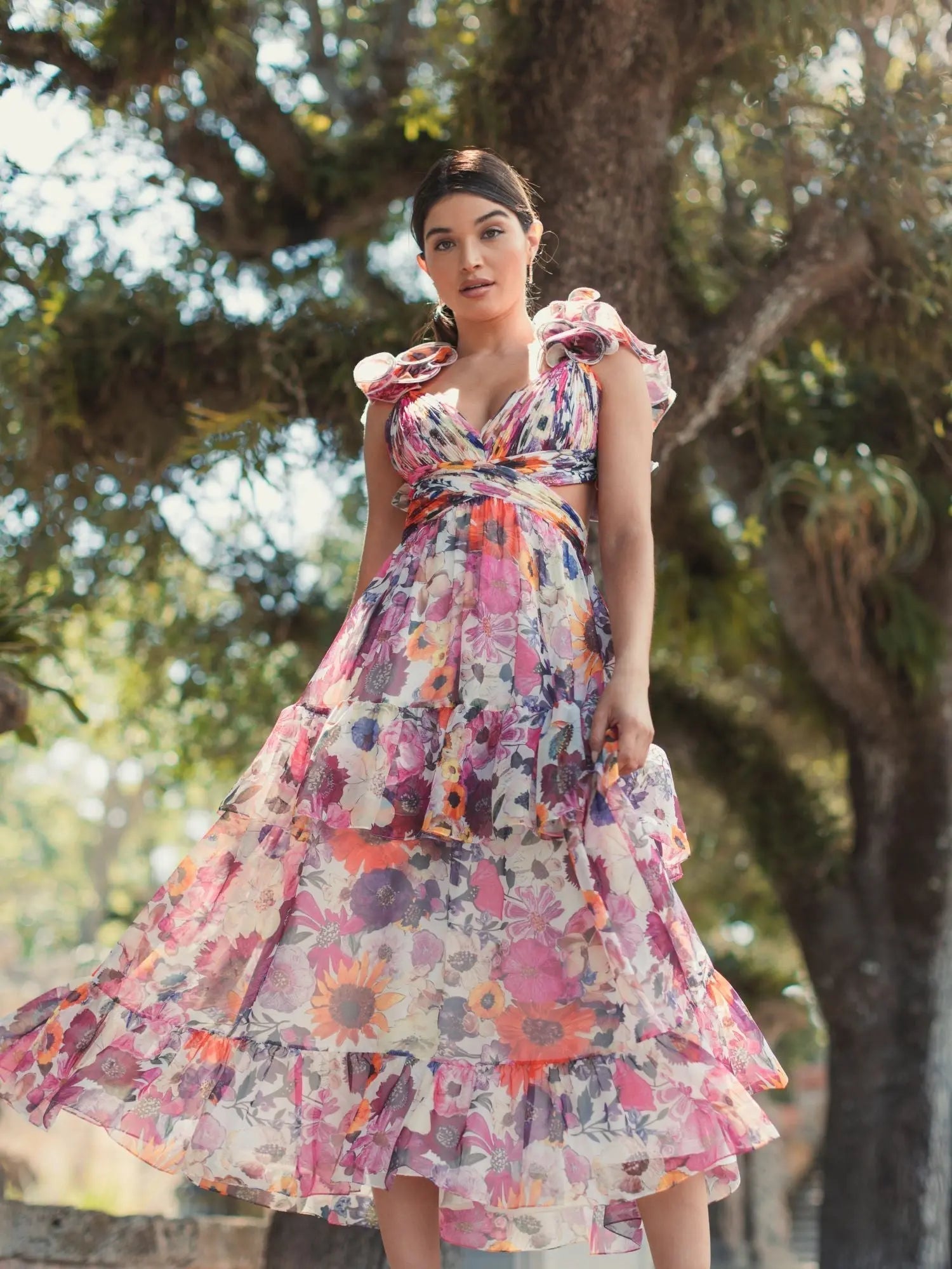 White Floral Chiffon Ruffle Tiered Cut-Out Midi Dress