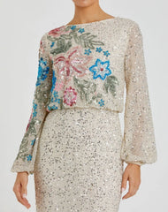 Beige High Neck Long Sleeve Sequin Gown