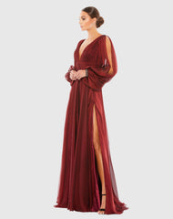 Red Chiffon Open Sleeve A Line Gown
