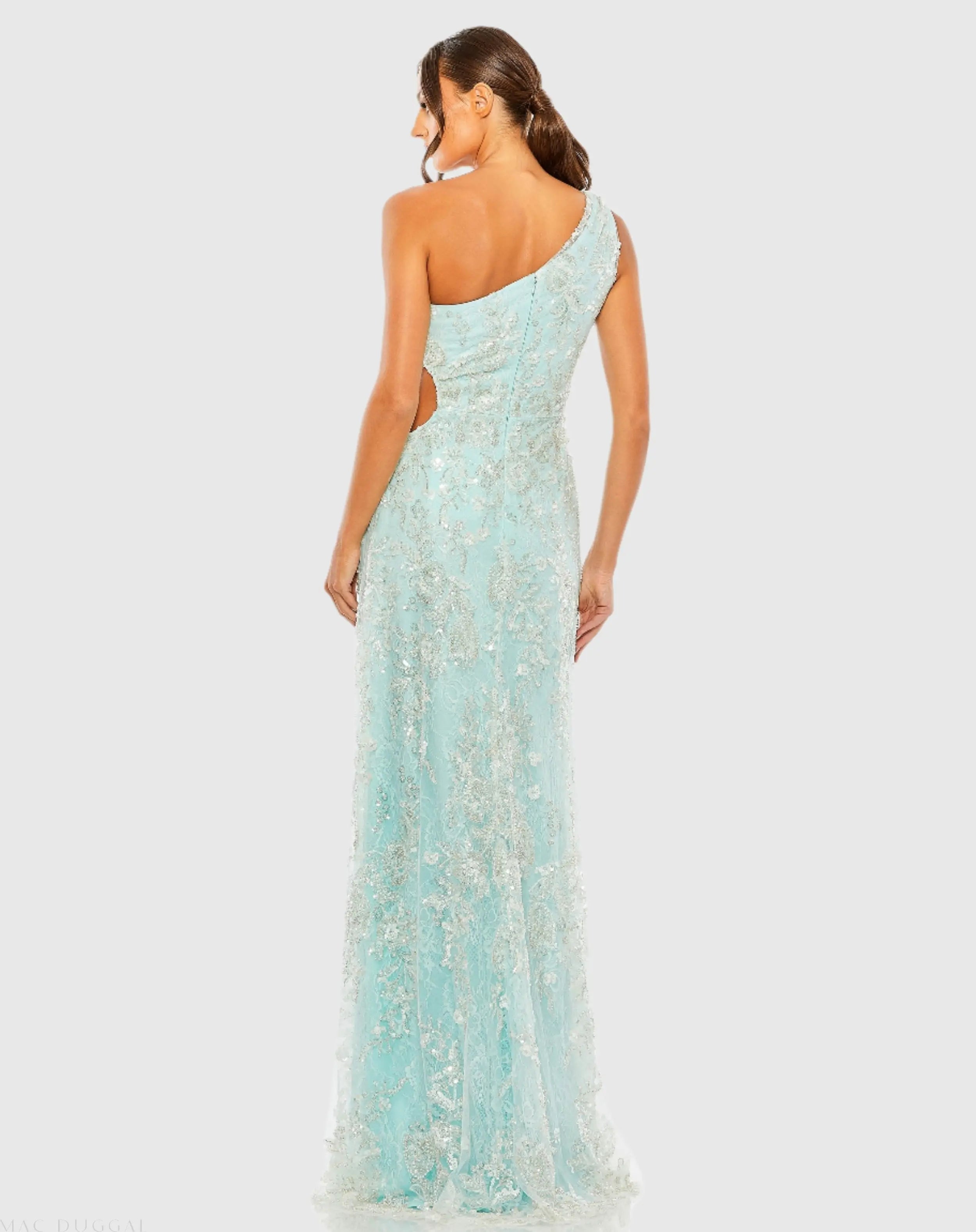 Blue One Shoulder Side Cut Embellished Gown