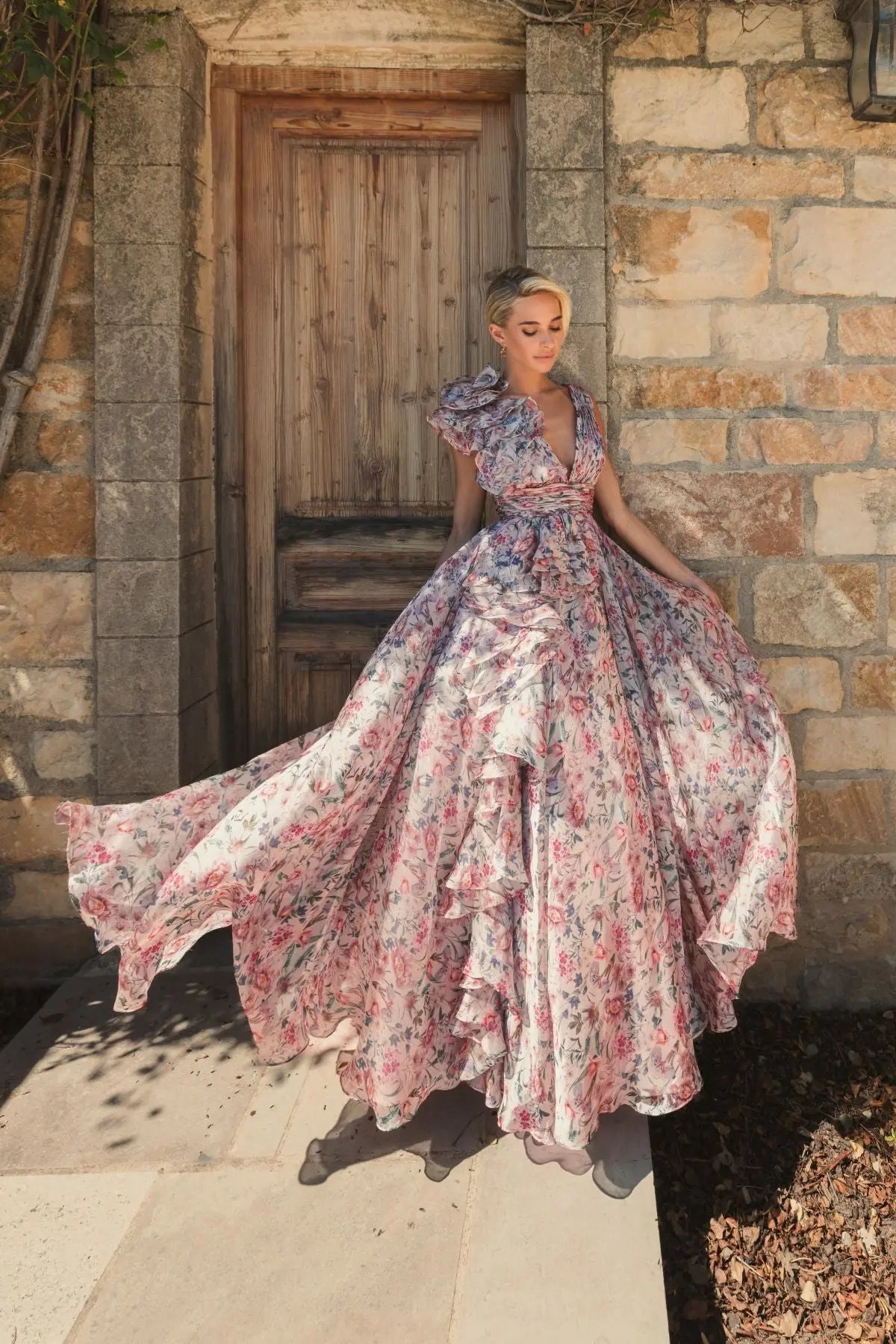 Pink Sleeveless V-Neck Floral Chiffon Ruffle Ball Gown