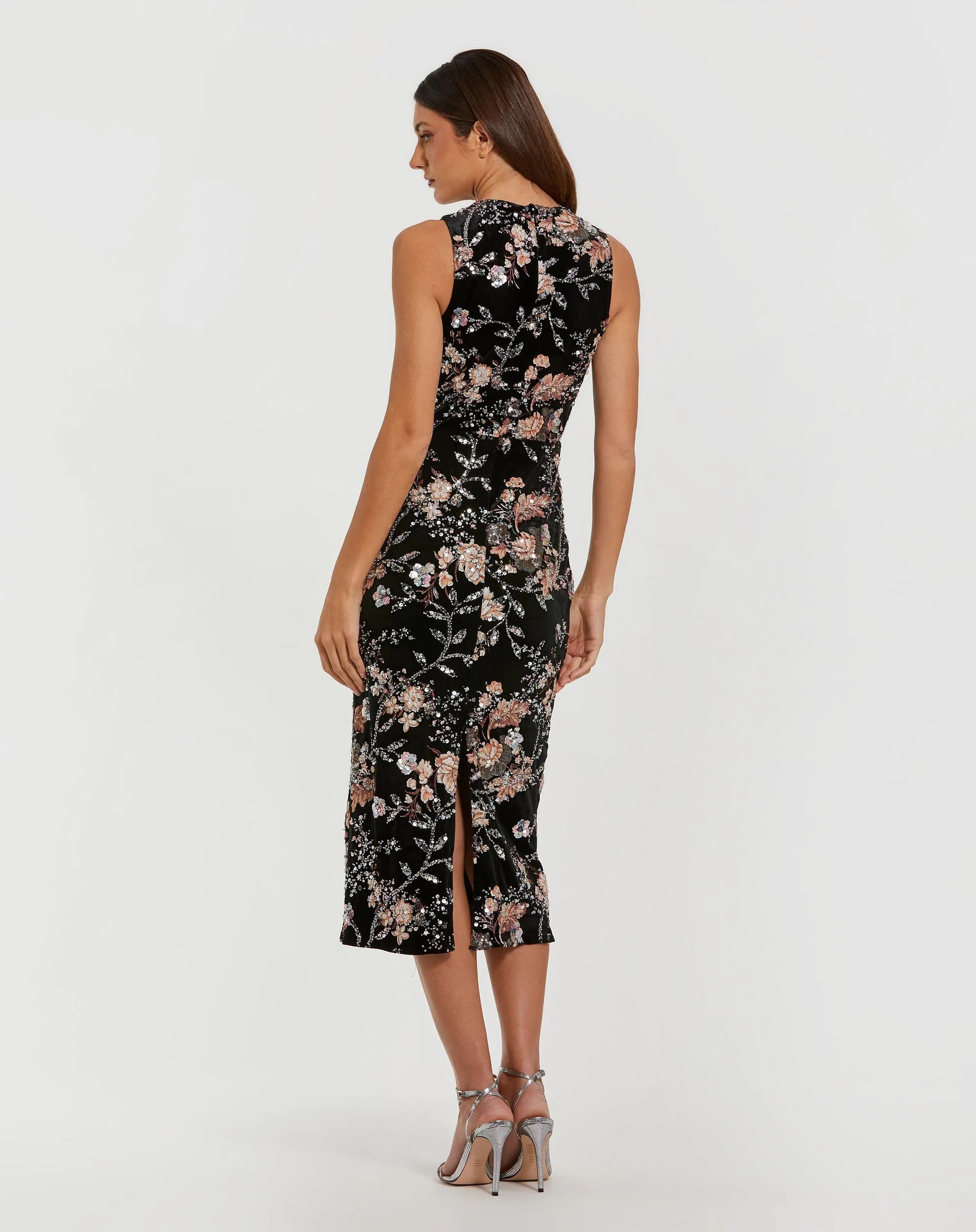 Black Velvet High Neck Sequined Midi Dress with Multicolor Embroidery