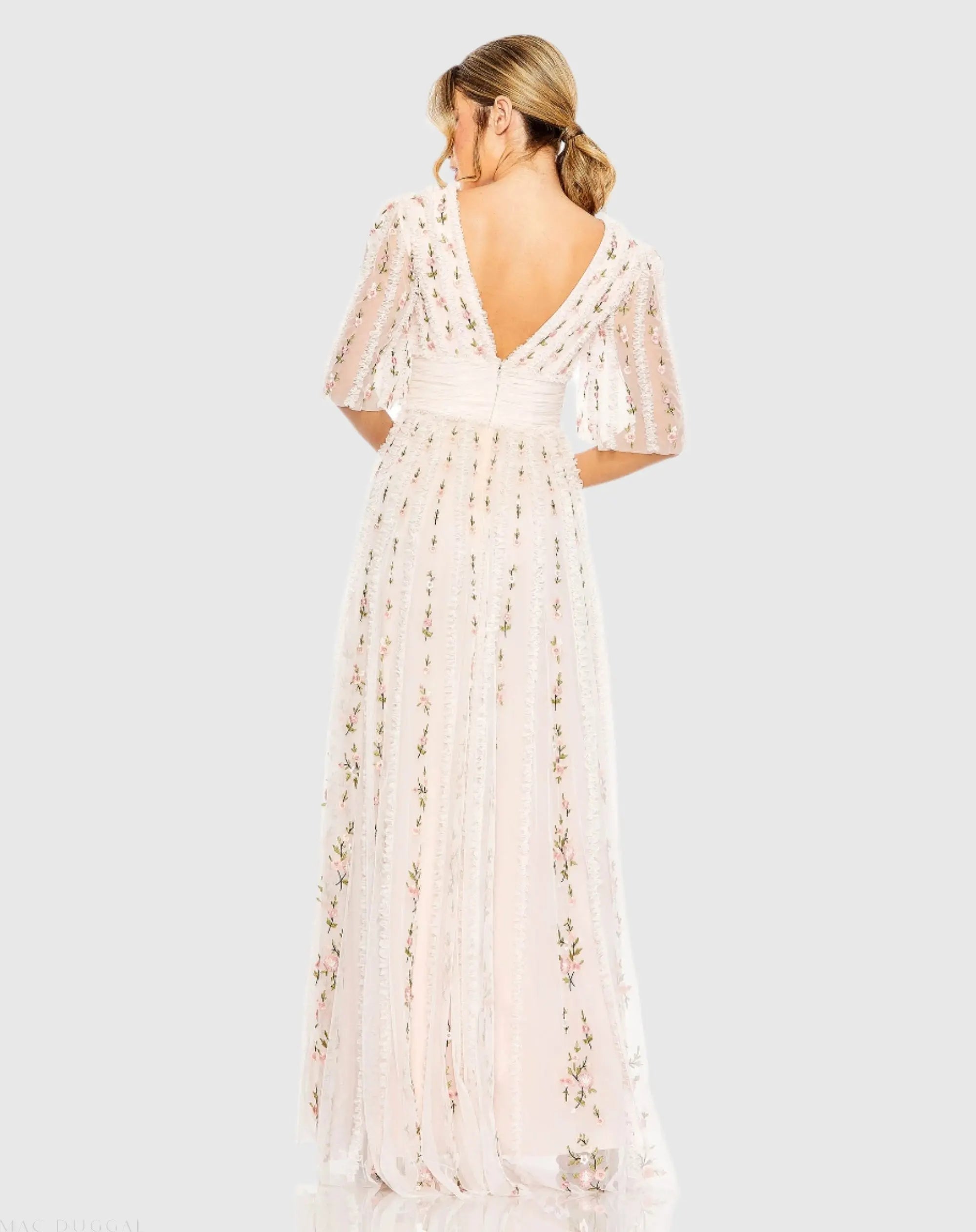Pink Floral V-Neck Ruffle Detail Empire Waist Gown