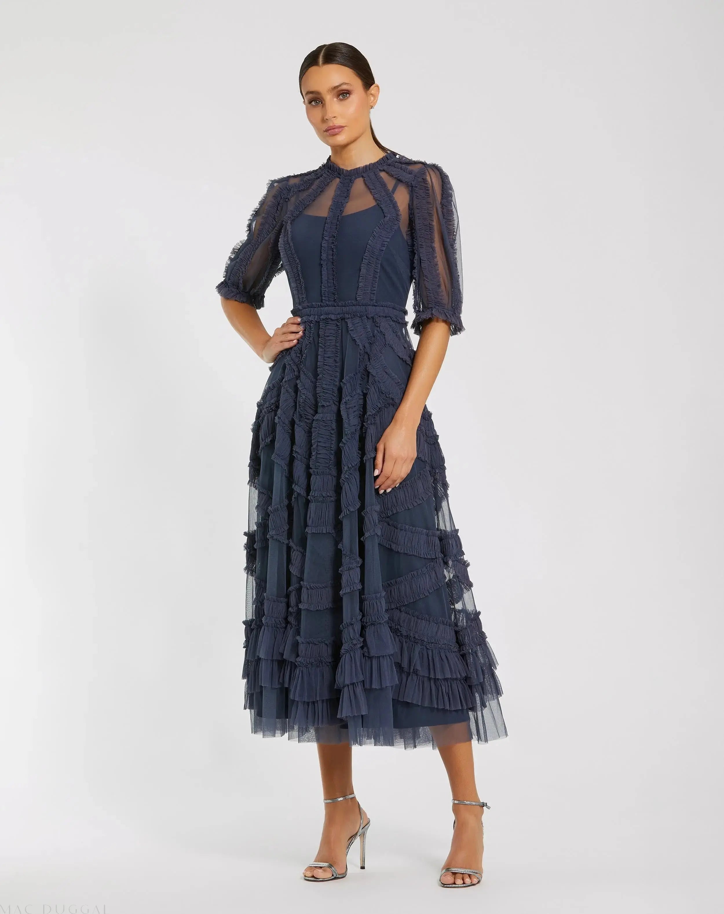 High Neck Micro Ruffle Tiered Midi Dress