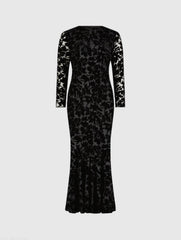 Black Burnout Velvet Long Sleeve Ruffle Hem Midi Dress