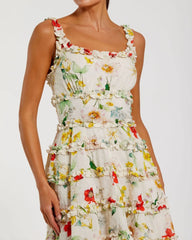 Ivory Floral Square Neck Ruffle Mini Dress
