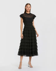 Ruffle High Neck Cap Sleeve Midi Dress
