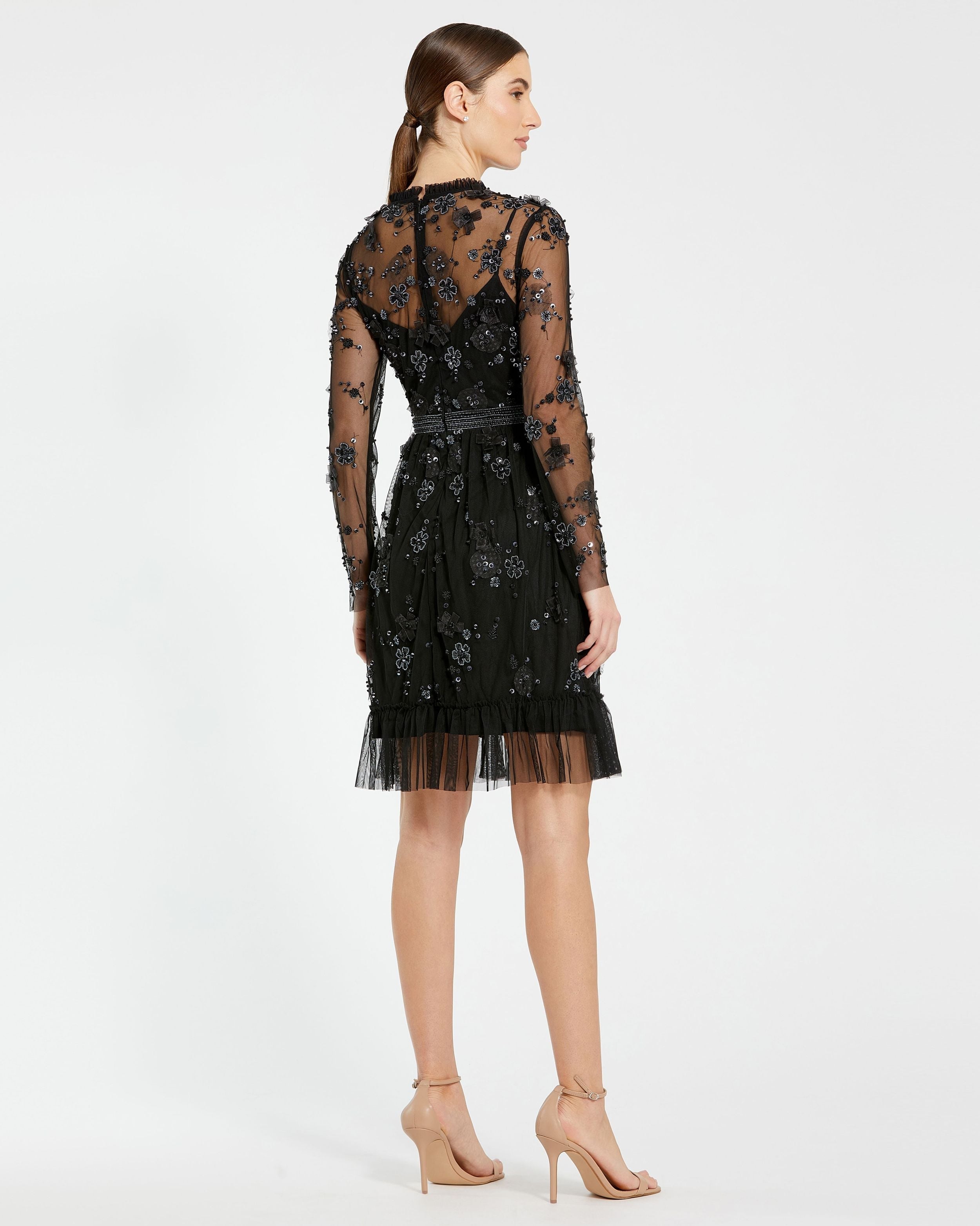 Black Sheer Long Sleeve Embellished Mini Dress