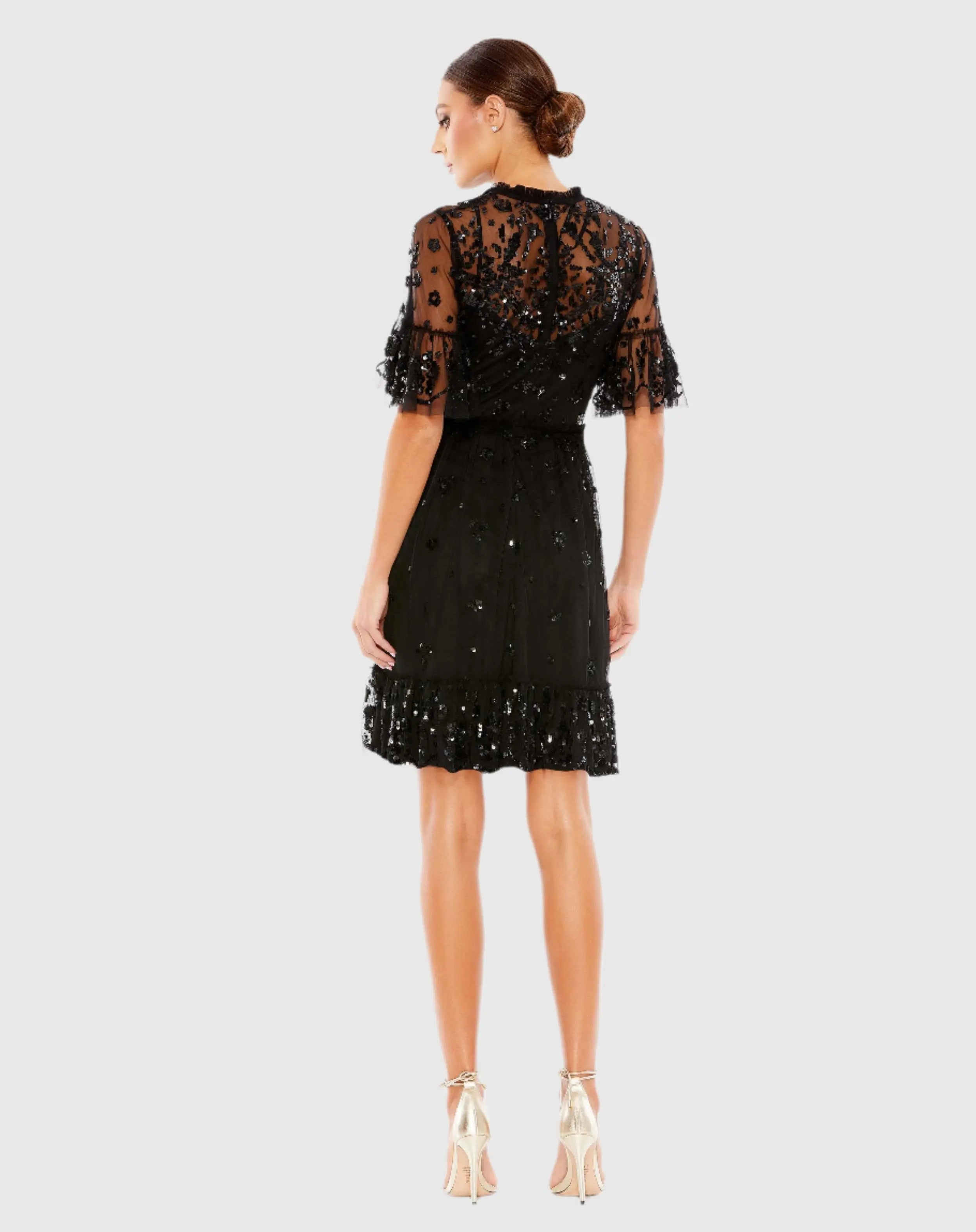 Black Embellished Illusion High Neck Mini Dress