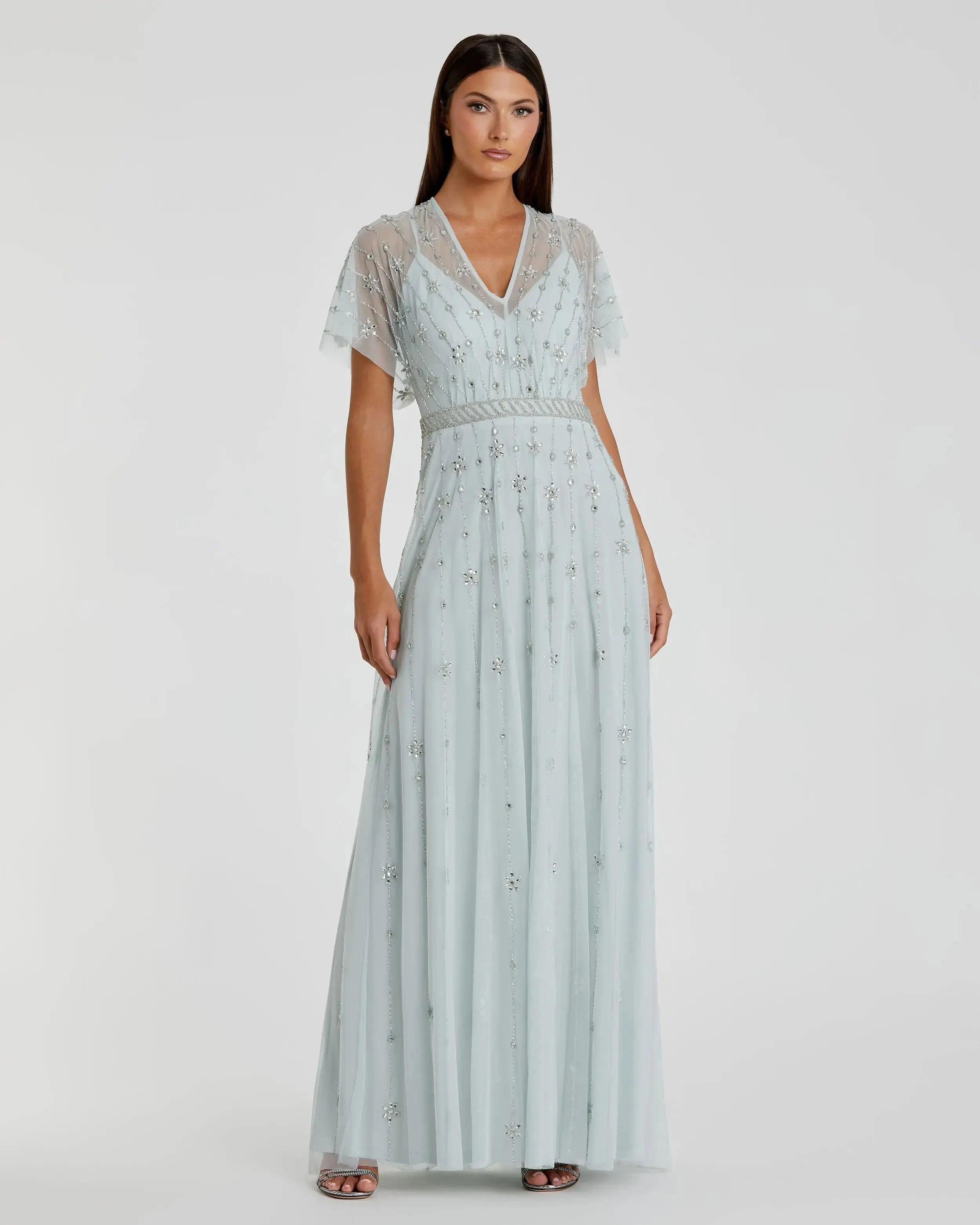 V Neck Embellished Flutter Sleeve A Line Gown