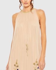 Beige High Neck Floral Embellished Trapeze Gown