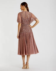 Pink Cape Sleeve Beaded Tea Length Drop Waist Dress