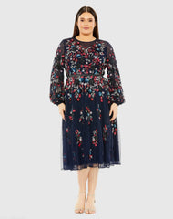 Navy Long Sleeve Beaded Cocktail Dress