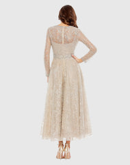 Nude Embellished Wrap Over Long Sleeve Midi Dress