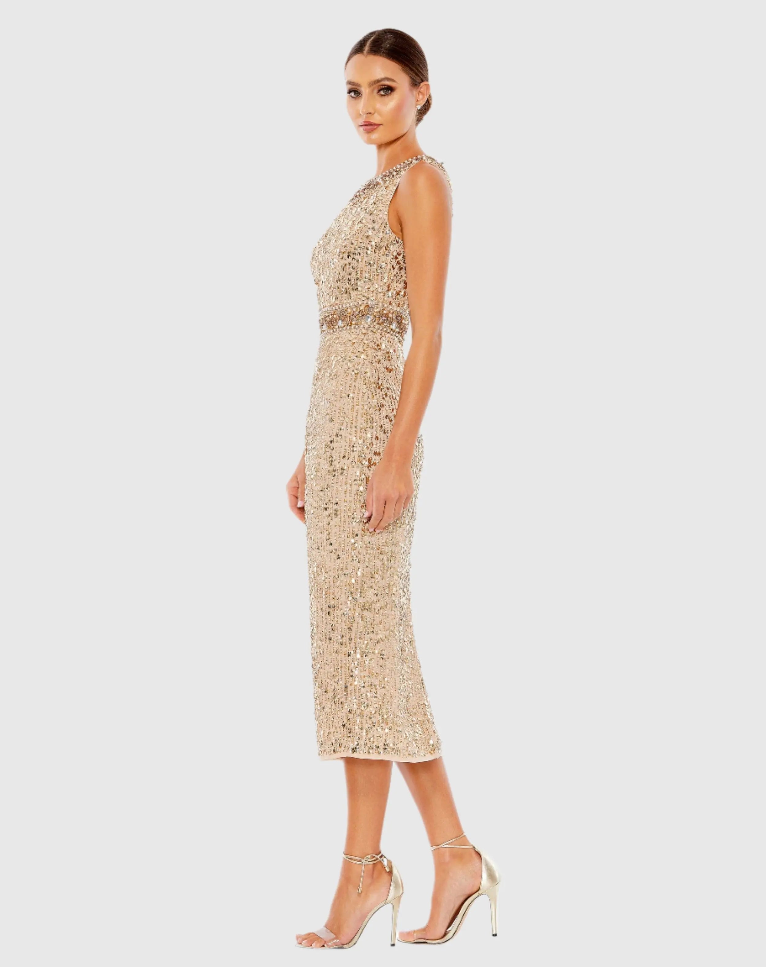 Gold Embellished Sleeveless High Neck Midi Dress