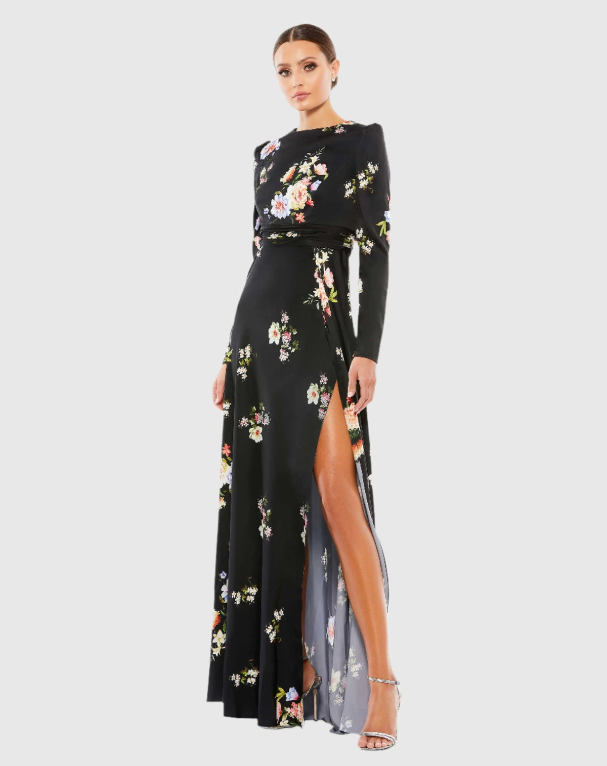 Black High Neck Long Sleeve Faux Wrap Gown