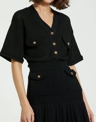 Black Short Sleeve Gold Button Front Crochet Knit Dress with Pleated Hem - FINAL SALE