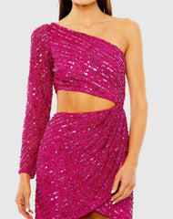 Pink One Sleeve Cut-Out Draped Front Beaded Mini Dress - FINAL SALE