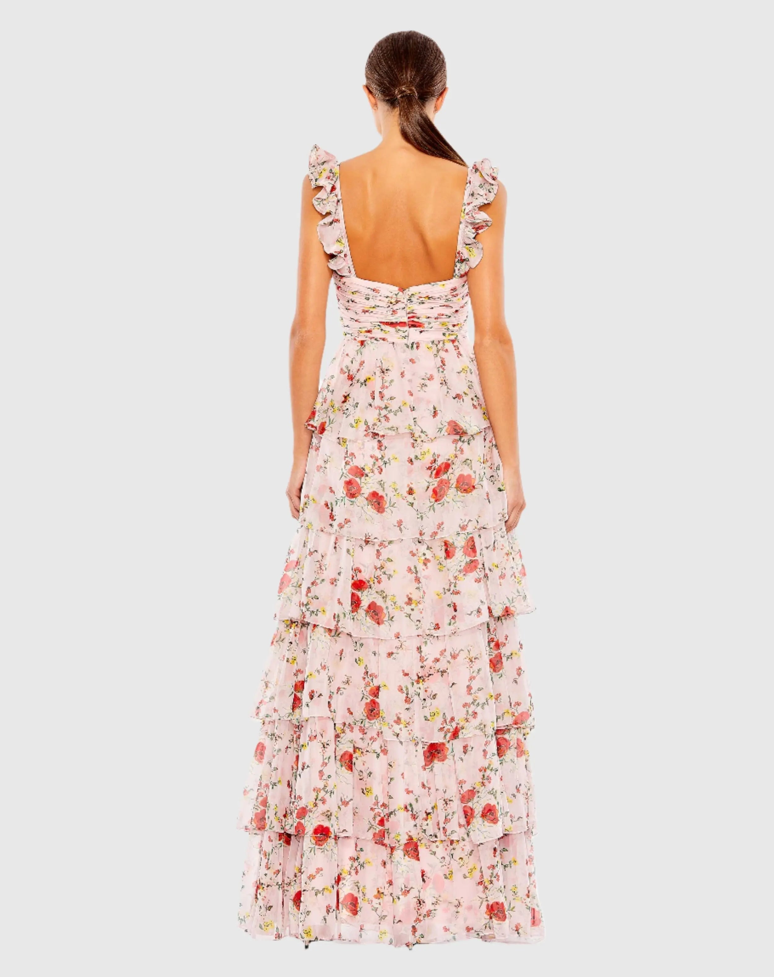 Pink Ruffled Sleeveless Draped Tiered Floral Print Gown