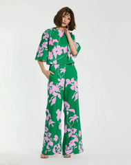 Green Printed Crepe 3/4 Bell Sleeve High Neck Top - FINAL SALE