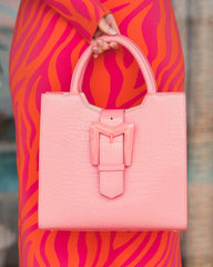 Pink Buckled Medium Croco Leather Tote Bag with Detachable Strap